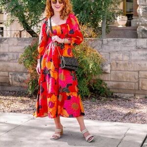 NWT J.Marie Floral Ruched Smocked Midi Dress Size XS
